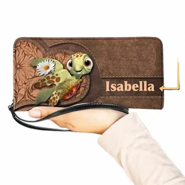 funny Hawaiian Carto Sea Turtle Print Wristlet Wallets Woman Lg Leather Coin Pouch Fi Zipper Clutch Purses Custom Name 9455#