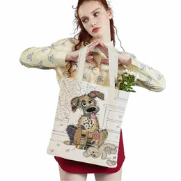 Casual Carto Animal Art Women Shop Shoulder Bag Mkey Elephant Cat Dog Canvas Foldbar återanvändbar tygdame Tote Handväska C4QF#