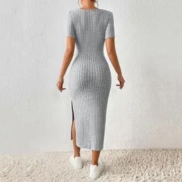 Summer Hipcovering Slit Dress Elegant Square Neck Knitted Midi for Women Solid Color Split Hem Party Commute 240315