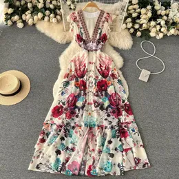 Vestidos de festa pista verão profundo decote em v floral impressão maxi vestido para mulheres luxo flor cintura alta chiffon cascading babados feminino