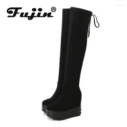 Boots Fujin 5cm Stretch Fabric Platform Wedge Knitted Autumn Women Plush Winter Spring Slip On Microfiber Sock Knee High Shoes