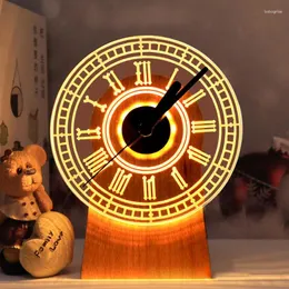 ساعة الجدول ساعة غريبة الضوء الرومانسي الشحن العملي مصباح صغير مضيئة الخشب الصلب 3D ديكور ليلة