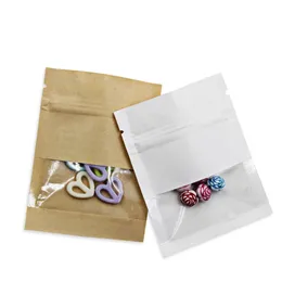 100pcs Resealable zipper bag 평평한 크래프트 종이 가방 음식 포장 명확한 창 지퍼 잠금 가방 차 커피 가루 파우치.