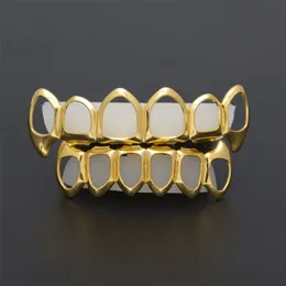 Neue Hip Hop Custom Fit Grill Sechs hohle offene Gesicht Gold Mund Grillz Caps oben unten mit Silikon Vampirzähne Set271B