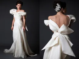 Krikor Jabotian Ivory ALine Wedding Dresses with Back Bow Custom Made Ruffled Formal Wear Sheath OffShoulder Backless Bridal Wed7691038