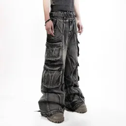 Goth punk rippade retro y2k lastbyxor hiphop nödställda baggy jeans för män rock hög midja breda byxor kläder streetwear 240323