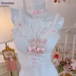 Camisola Vintage Estilo Lolita Doce Feminina, Tops de Colheita, Meninas Coreanas, Desenhos animados fofos, Urso, Coelho, Bordado, Renda, Colete Princesa, Tanques Y2K