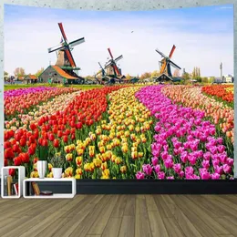 Tapeçarias paisagem tapeçaria tulipa campo holandês moinho de vento casa pôr do sol céu parede pendurado decoração para quarto dormitório casa