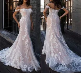 2022 Boho Elegant Wedding Dresses Mermaid Off The Shouldized Lace 짧은 슬리브 바닥 길이 신부 가운 스위프 트레인 3308826