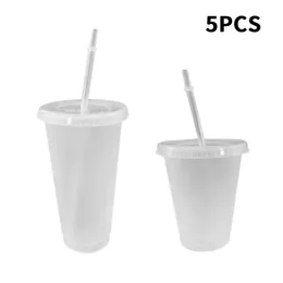 5pcs 16/24ozタンブラー蓋とストロー再利用可能なプラスチックウォーターボトルストローコーヒーカップ夏のコールドウォータータンブラーストローカップ240315