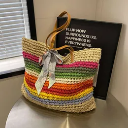 Designer Luxury fashion Tote Bags New Instagram Rainbow Contrast Stripe Handmade Woven Grass Bag Forest Casual Versatile Beach Vacation Shoulder Bag