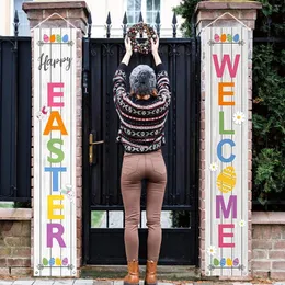 Party Decoration 180 30cm Happy Easter Couplet Welcome Banner Hanging Door 2024 Festival Decor Polyester Fabric