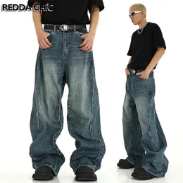 Reddachic torcido costura homens baggy jeans retro azul bigodes retalhos perna larga casual calças de grandes dimensões skater hiphop streetwear 240325