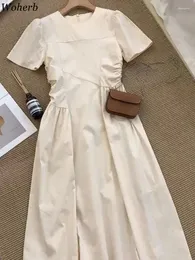 Parti Elbiseleri Wohherb Tatlı Kadın Elbise O yaka Puff Sleeve Zarif Çöp Femme 2024 Vestidos de Mujer İnce Bel Fermuar Vintage Yaz