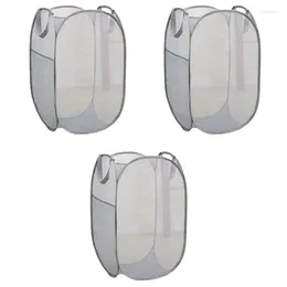 Tvättpåsar 3 Pack Collapsible Basket Grey Strong Mesh Up Häm för med sidopickan förstärkta handtag