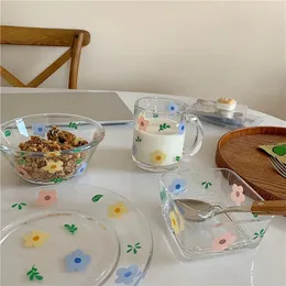 Piatto di fiori resistente al calore in stile coreano, ciotola di vetro per fiori freschi e adorabili, ciotola per insalata di cereali per la colazione, tazza di vetro