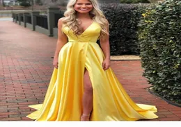 2020 nuovo abito da ballo giallo A Line sexy scollo a V profondo fessura alta abiti da sera lunghi per le donne Plus Size abito economico per eventi speciali di gala3171522