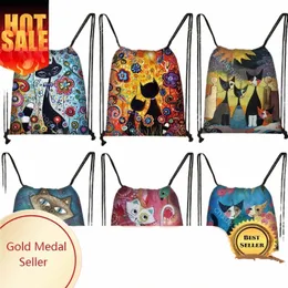 Güzel hayvan kedi desen kadınlar çizim çanta sevimli çizgi film kedileri görüntü baskılı depolama çantası tuval fi seyahat sırt çantası g0yb#