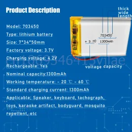 1-2pcs 703450 3,7 V 1300mAh wiederaufladbarer Lithiumpolymer-Akku für MP3 MP4 GPS Toys Uhren-Headset Bluetooth-Handy-Lautsprecher