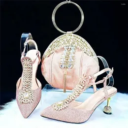 Sapatos de vestido pêssego e saco conjunto para mulheres senhoras africanas saltos altos bombas combinar com bolsa apontou dedos chinelos escarpins femme gl39