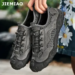 Skor Jiemiao Ny äkta läder män vandringskor kvalitet vandringskor mesh andningsbara män sneakers utomhus camping fiskeskor