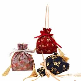 Lucky Cat Canvas FR DrawString Bag Sakura Floral Satin Bow Bowknot Tassel Handväska Juvelförpackningspåse stor kapacitet E0MZ#