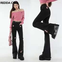 Kvinnors jeans reddachic grunge y2k acubi mode byxor stretchiga svarta byxor flare med rosa stjärna lapptäcke Grayu Harajuku streetwear