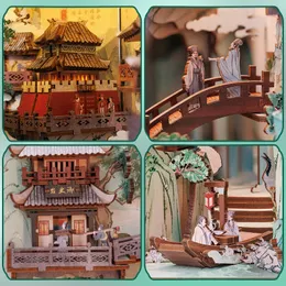 Cutebee Chinese Style Book Nook Doll House Kit mit Touch Light Dust Cover Bücherregal DIY Model Geschenkidee Su Dongpos Leben