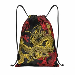 custom Golden Chinese Drag Pattern Drawstring Bags Men Women Lightweight Oriental Mythical Sports Gym Storage Backpack D73N#