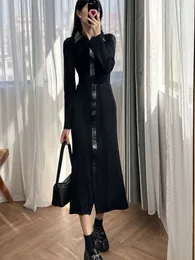 2024 Spring Maj-e leather patchwork long sleeved slim fit black knit sweater+half skirt set for women