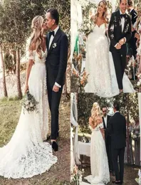 Garden Floral Lace Boho Wedding Dresses A Line Lace Country Off the Shoulder Robes de Mariee Backless Sweep Train Brudklänningar B794495062