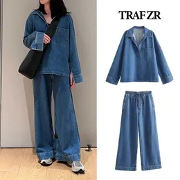 TRAF ZR DEMIN SET för kvinnor 2 stycken Grupper av byxa jeans i matchande Y2K Womens Fashion Suits Pants 240329