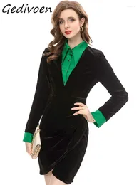 Casual Dresses Gedivoen Autumn Fashion Designer Vintage Hit Color Velvet Dress Women Lapel långärmad knapp Package Binkocks Slim Mini