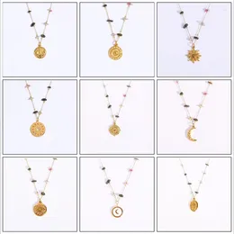 Pendant Necklaces Sun & Moon Coin Necklace Women's Stainless Steel For Women Metal Medal Choker Natural Stone Chain