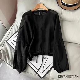 Женские блузки KEYANKETIAN, выпуск 2024, шифоновый прозрачный пуловер, черный укороченный топ, весенне-праздничная ветрозащитная рубашка с рукавами-фонариками, блузка
