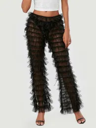Женские брюки Wsevypo, прозрачные черные многоярусные прозрачные расклешенные модные летние сексуальные длинные уличные брюки со средней талией и расклешенным низом