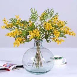 Dekorativa blommor 6st/gula gula konstgjorda Acacia Bean Flower Mimosa Plush Pudica Spray Cherry Silk Fake For Home Wedding Decoration