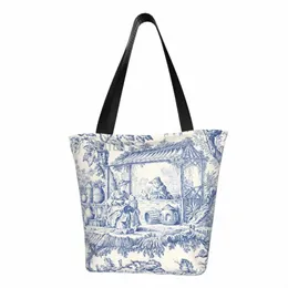 Toile de Jouy Navy Blue Motif Pattern Shop Tote Bag Wable Canvas Shopper Shoulder Classic French Style Handbag v3an＃