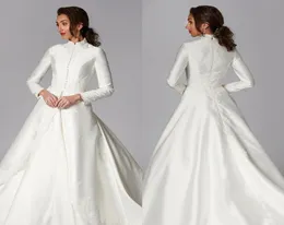 2020 Modest Muslim A Line Wedding Dresses Long Satin Satin Appliques High Neck Country Brudklänningar Sop Train Bohemian Wedding1620683