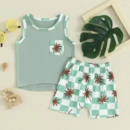 Clothing Sets 2024-03-04 Lioraitiin 0-3Y Summer Baby Boy Outfits Plaid Tree Print Sleeveless Tank Tops And Elastic Shorts Set Clothes