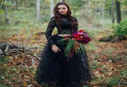 Gothic Black Wedding Dress Country Two Pieces Illusion Lace Top High Neck Long Sleeve Halloween Wedding Dresses Tulle Bridal Gowns4477382