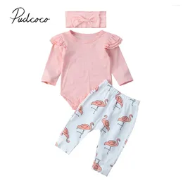 Set di abbigliamento 2024 Marca Neonato Bambino Nato Neonate Pagliaccetto Manica lunga Top Flamingo Pantaloni Fascia 3 pezzi Set di vestiti Abiti 0-18 M