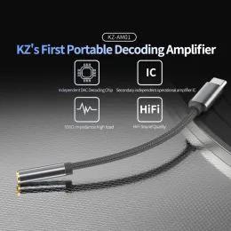 KZ AM01 Tipo-C a 3,5 mm Adaptador de áudio de 32bit/384khz Hi-Fi DAC + IC Amplificador Dual Chap Earphone Audio Cable para KZ Series Edx Pro