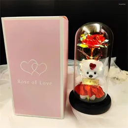 Flores decorativas presente de dia dos namorados para namorada urso eterno rosa folha de luz led flor em capa de vidro mães casamento dama de honra