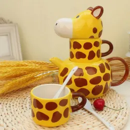 Canecas Criativo Girafa Bule Conjunto Cerâmico com 2 Copos Dos Desenhos Animados Caneca Animal para Adultos Crianças Presente de Aniversário Leite Copo de Água