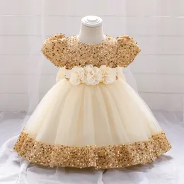 Big Bow Gold Sequins Party Baby Girls Dress Toddler Tutu Lace 1st Birthday Princess Dresses for Girl Wedding Prom Vridge Drilly 240319