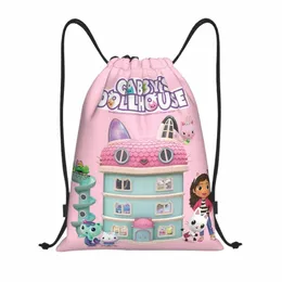 Gabbys Dollhouse Drawstring Sırt Çantası Kadın Erkek Spor Salonu Sackpack Katlanabilir Mercat Kedi Mağaza Çantası Çuval N5J0#