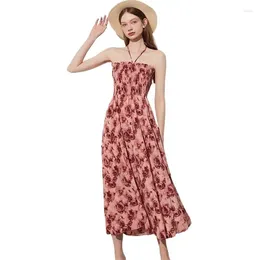 Sıradan Elbiseler Yaz Pamuklu Kız Suklu Uzun Elbise Vintage Fransız Gül Baskı A-Line Elastik Bel Mizaç Flowy Seaside Vestidos