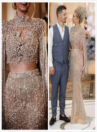 2019 Aso Ebi Arabic Gold Luxurious Sexy Evening Dresses Pärlade kristaller sjöjungfrun Promklänningar PEBDER Formell fest Second Receptio3474084