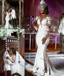 아랍어 ASO EBI Mermaid Wedding Dresses Illusion Long Sleeve Sheer Oneck Lace Floral African Plus Court Court 열차 신부 드레스 2728980